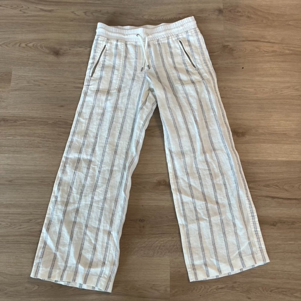 Athleta Cabo Tide Linen Wide Leg Pants Sz 10 Ivory White Gray Stripe 406735